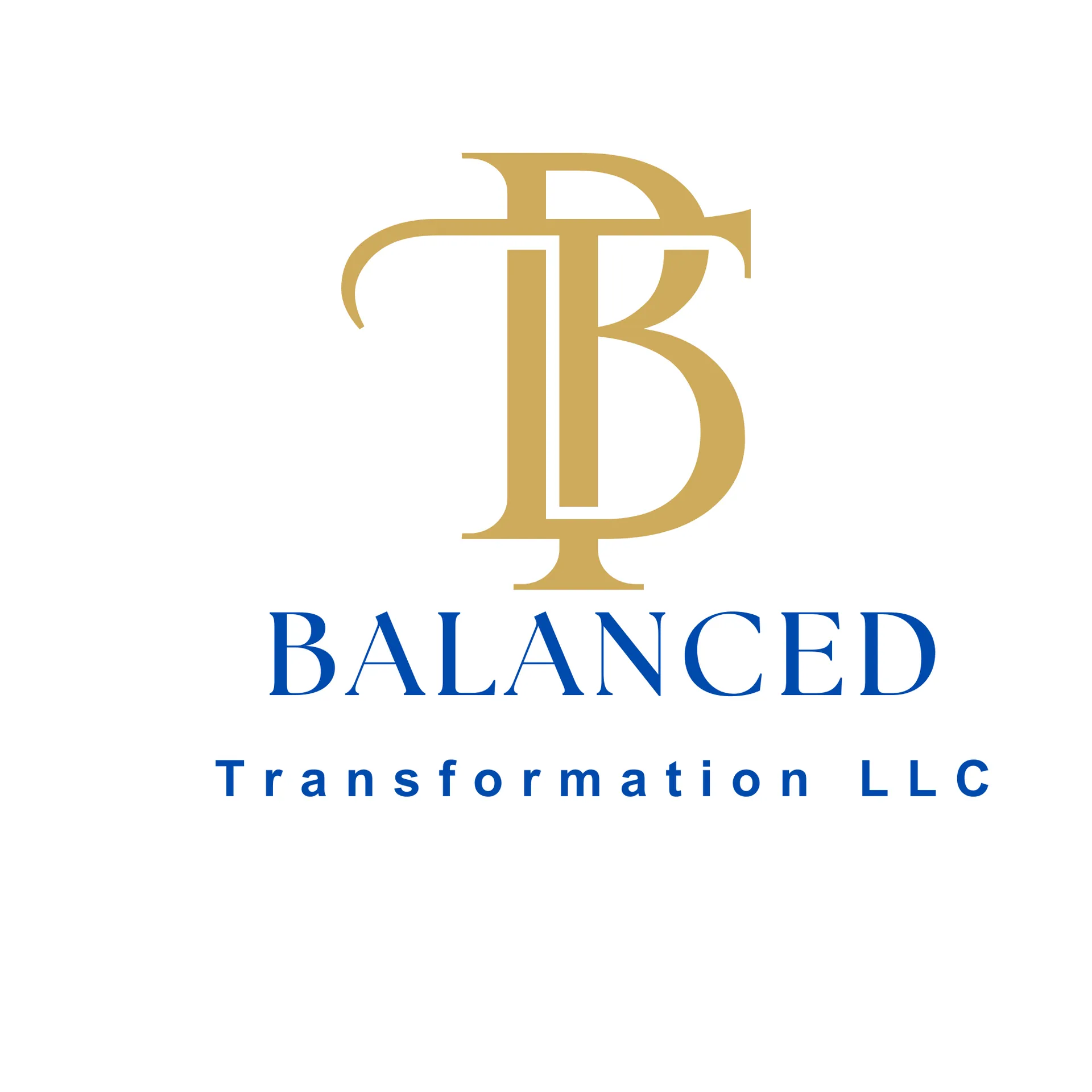 Balanced Transformation LLC gold BT monogram with blue Balanced Transformation LLC wordmark