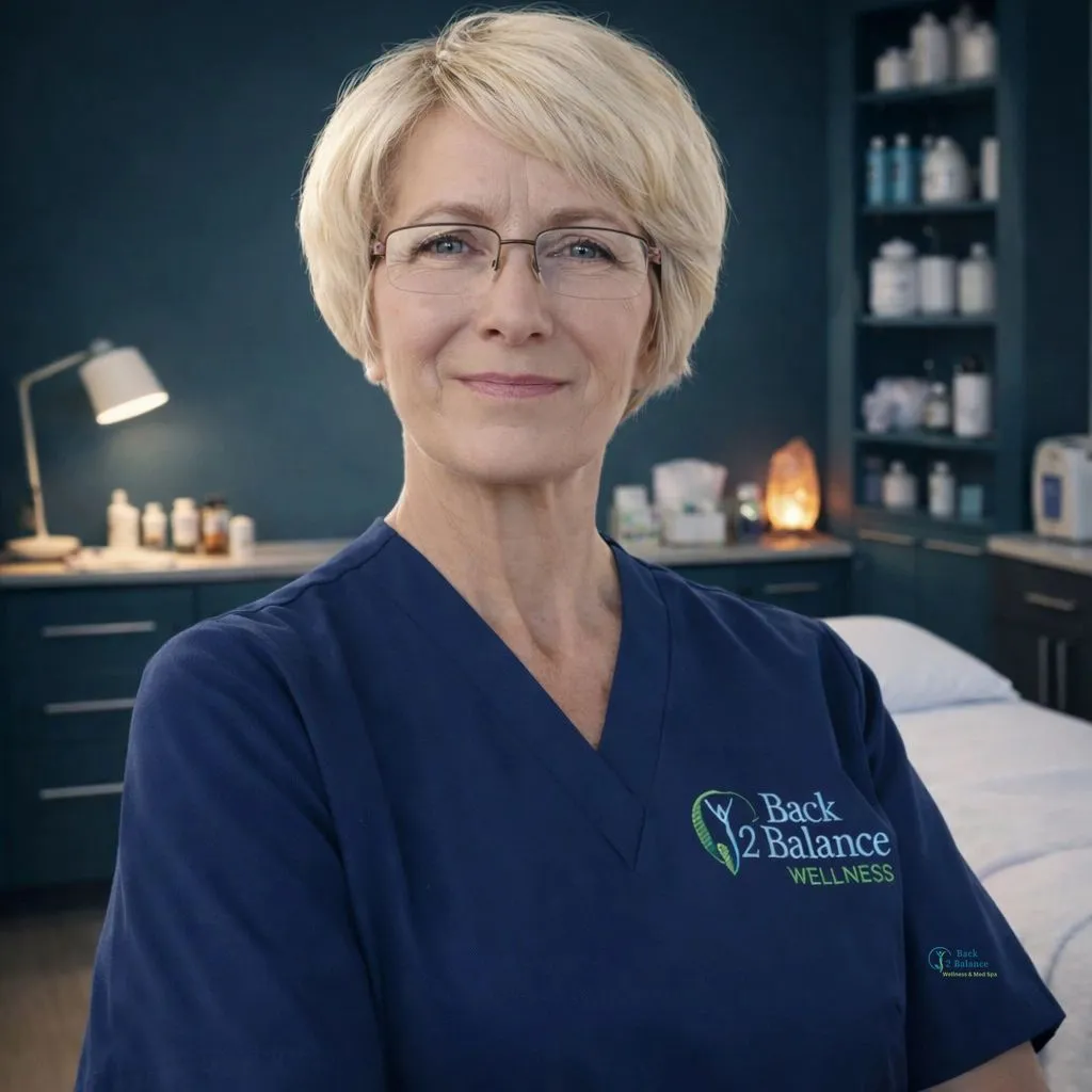 Cathleen Bellerose smiling in glasses and navy clinical scrubs, shown from the face through her upper torso